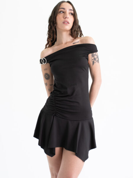 [06023] Vestido Bote Falda Fruncido con Aplique al Hombro Microfibra