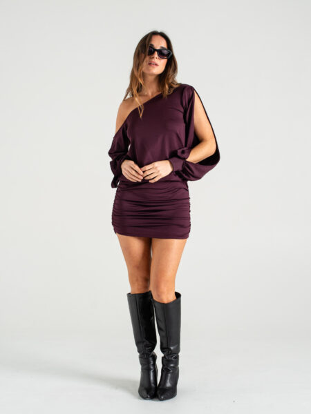 [06119] Vestido Hombro Caido con Manga Abierta y Puño Microfibra