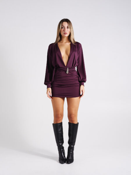 [06123] Vestido Escotado Manga Puño c/ Lazo y Aplique Microfibra