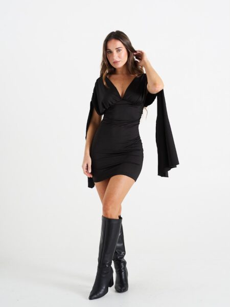 [06129] Vestido Escote V Manga Capa Microfibra